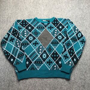 Vintage Impact Mens Teal Geometric Diamond Knit Sweater Leather Inlay Large